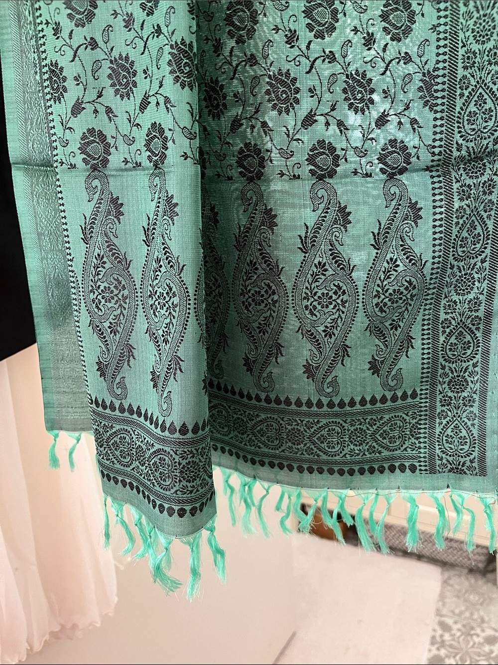 NWOT Silk India Teal Wrap Scarf Flowy with Fringe - Picture 2 of 10